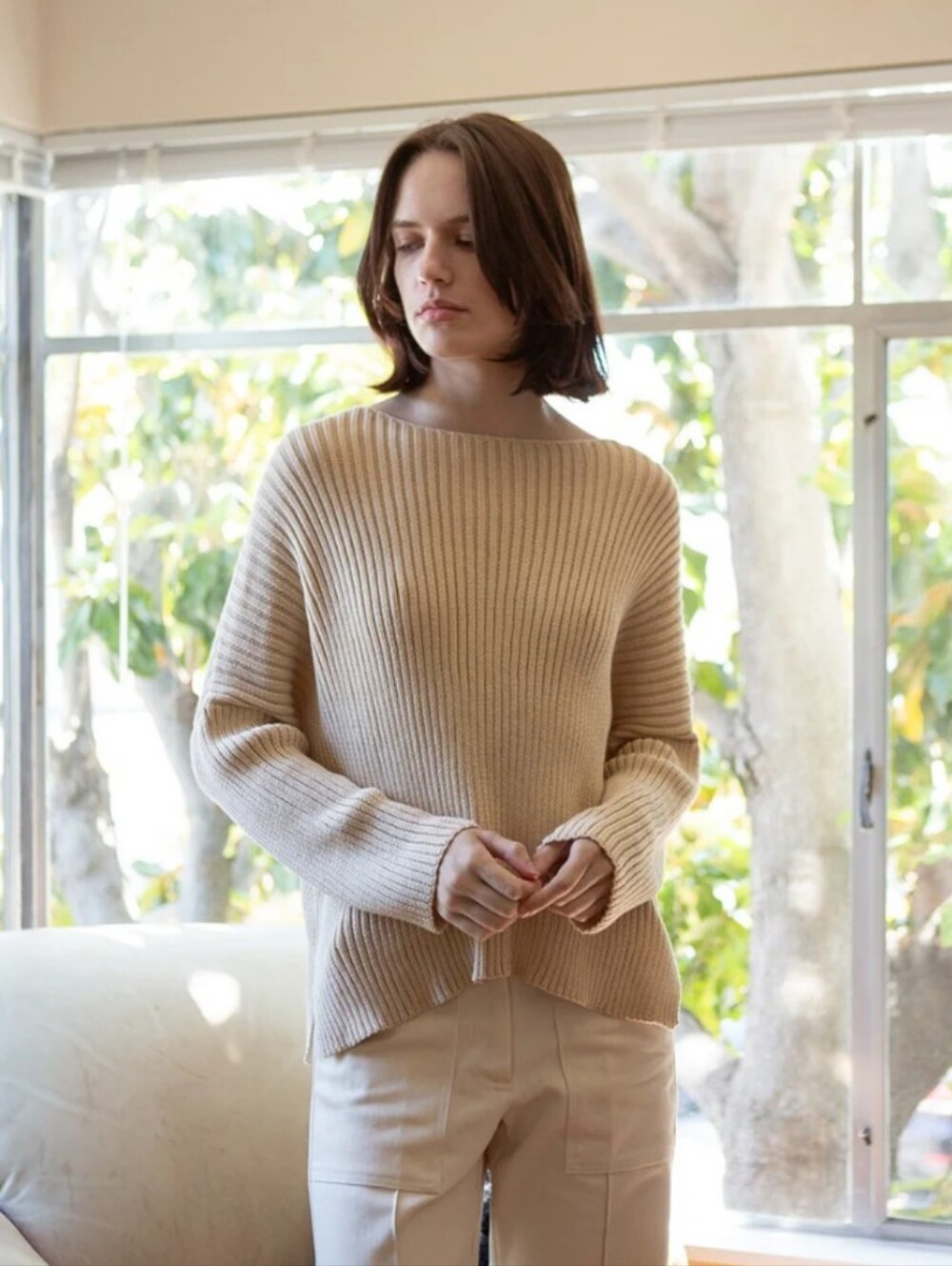 Erica Tanov Ellie Pullover 100% Cotton Sweater Cream Ribbed Natural Size Large